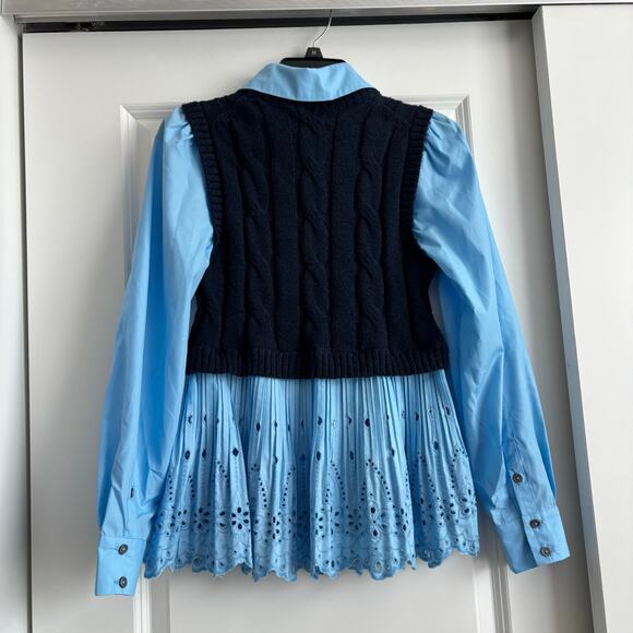 Current Air Blue Contrast Eyelit Top Sz M Academia Cable Knit Preppy - Picture 8 of 11